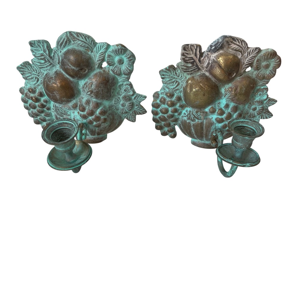 Vintage Brass Fruit Basket Wall Sconces Pair Verdigris Patina Grapes Floral